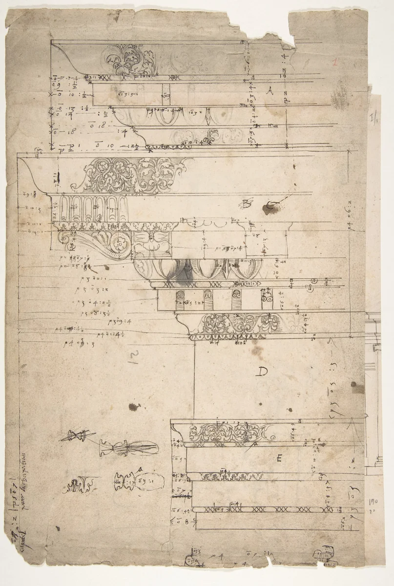 Forum of Nerva, entablature, elevation; cornice, elevation (recto) Forum of Nerva, architrave panel, ceiling plan, Corinthian, capital (verso) by anonymous, drawing, 1500-1560