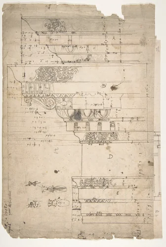 Forum of Nerva, entablature, elevation; cornice, elevation (recto) Forum of Nerva, architrave panel, ceiling plan, Corinthian, capital (verso) by anonymous, drawing, 1500-1560