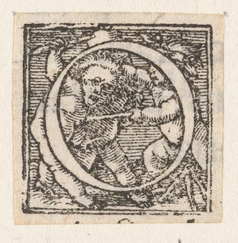 Letter O met drie vechtende kinderen by Hans Holbein, print, 1522-1526