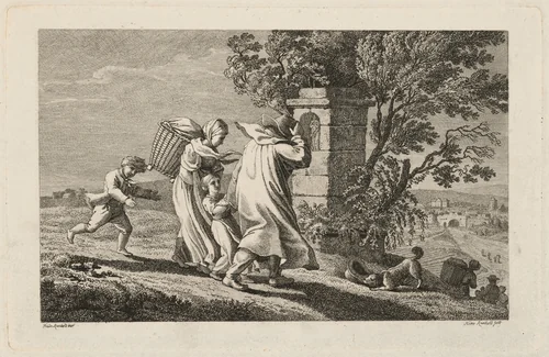 A Peasant Family Hurrying Past a Wayside Shrine in a Storm by Heinrich Carl Reinhold; Friedrich Philipp Reinhold, print, 1810-1820