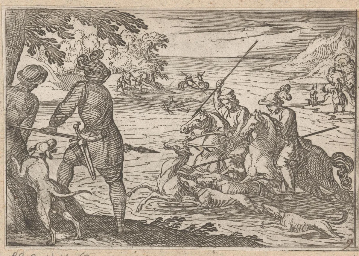Mannen en honden jagen op een hert in een rivier by Antonio Tempesta, print, 1595