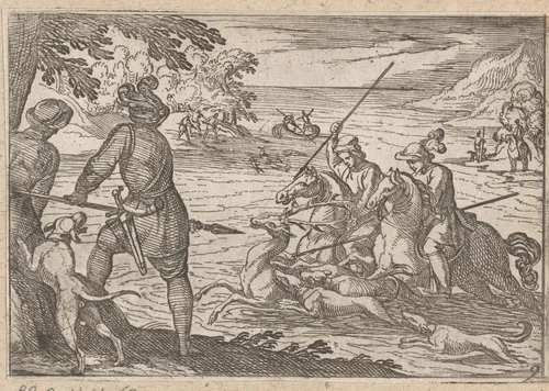 Mannen en honden jagen op een hert in een rivier by Antonio Tempesta, print, 1595