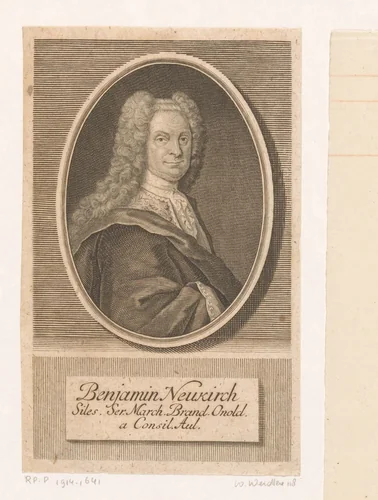 Portret van Benjamin Neukirch by Johann Martin Bernigeroth, print, 1743