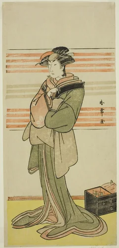 The Actor Nakamura Riko I as Osen of the Komatsuya House (?) in the Play Nanakusa Yosooi Soga (?), Performed at the Nakamura Theater (?) in the Second Month, 1782 (?) by Katsukawa Shunjo, print, 1777-1787
