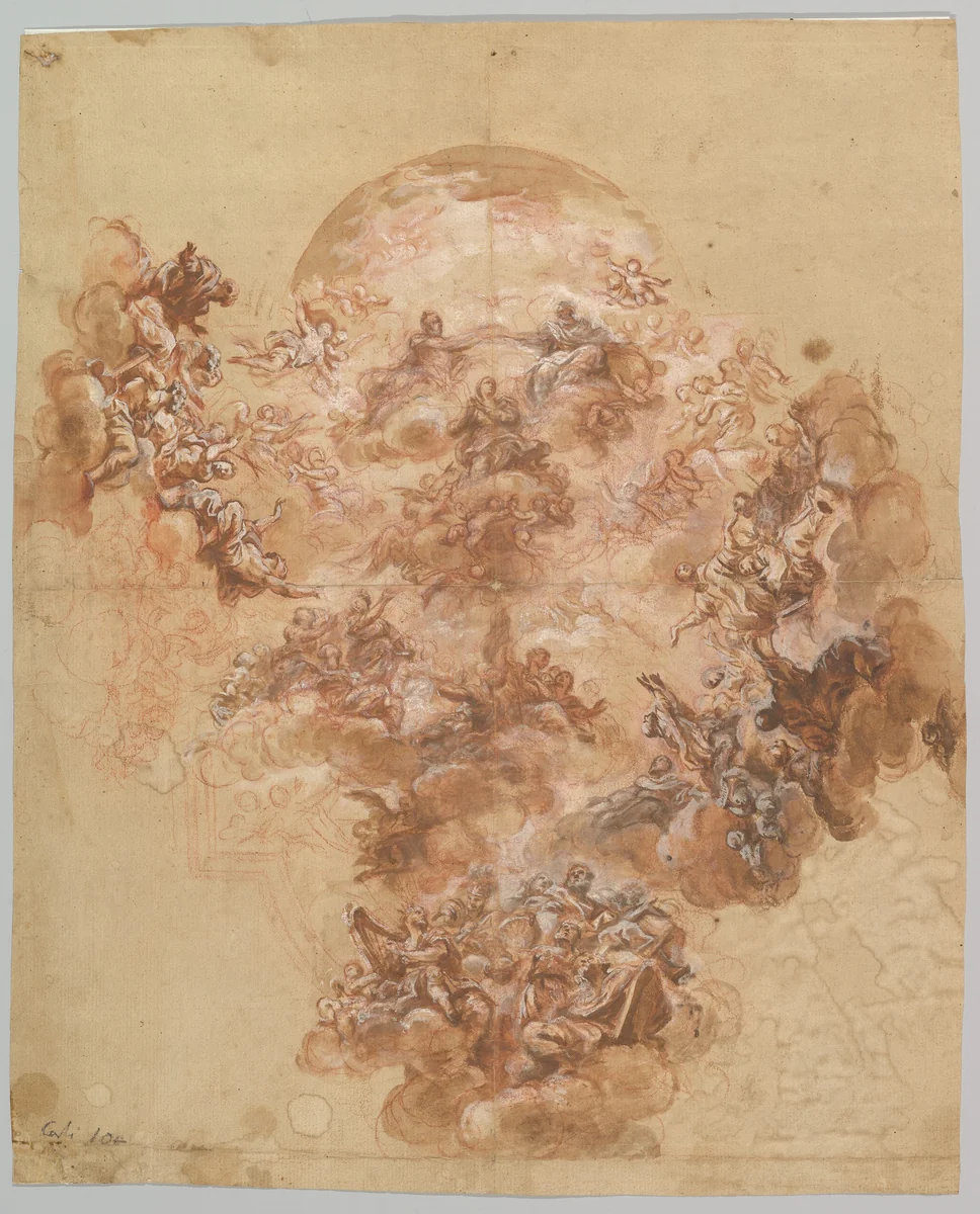 Study for a Ceiling Decoration: Coronation of the Virgin (recto); Female Head (verso) by Giacinto Brandi, drawing, 1680