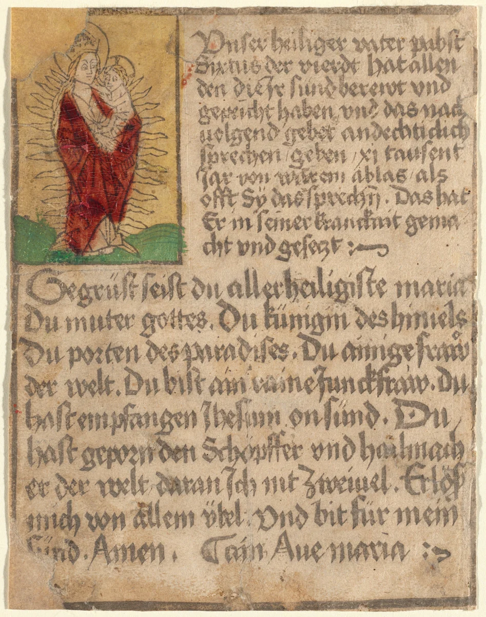 Madonna and Child in a Glory with an Indulgence and a Prayer by German 15th Century, print, 1470-1480