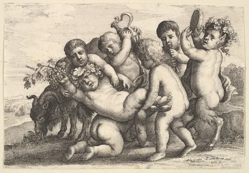 Five boys, two satyrs and a goat by Wenceslaus Hollar, print, 1647