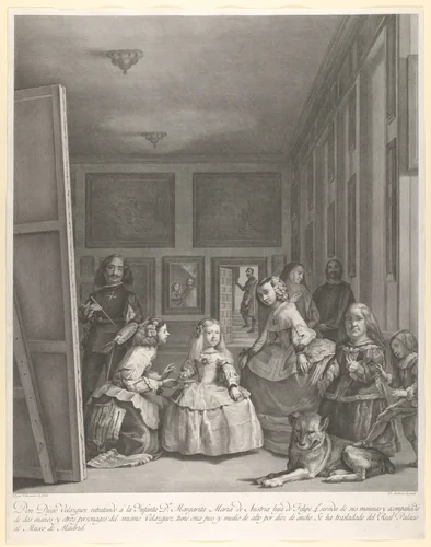 Las Meninas: the family of Philip IV in the foreground with the Infanta Margarita in the centre, Velázquez standing painting at left, the King and Queen reflected in the mirror in the background by Pierre Audouin, print, 1799