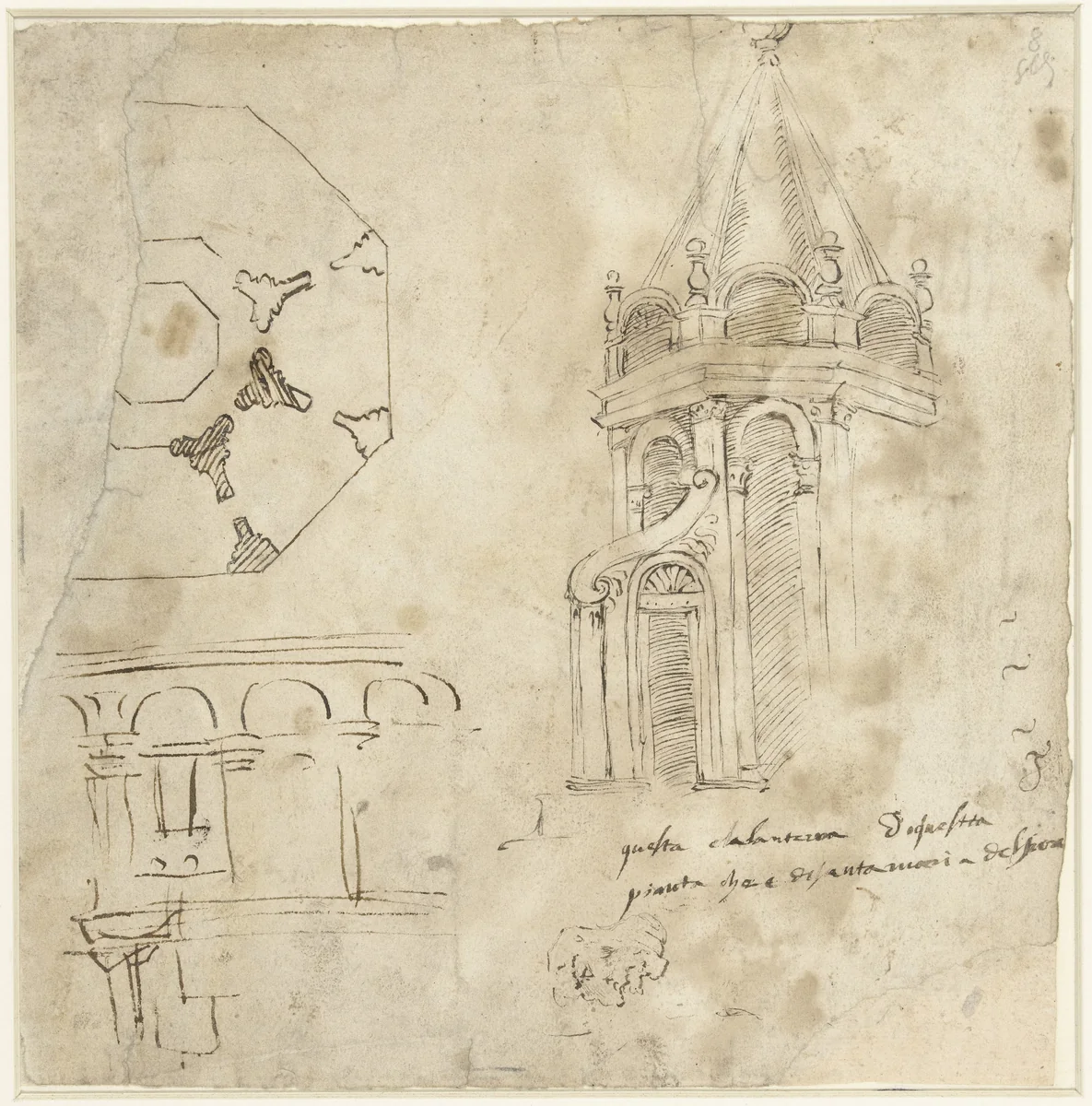 Schetsblad met details van de Dom van Florence en een profielkop by Unknown, drawing, 1455-1516