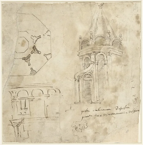 Schetsblad met details van de Dom van Florence en een profielkop by Unknown, drawing, 1455-1516