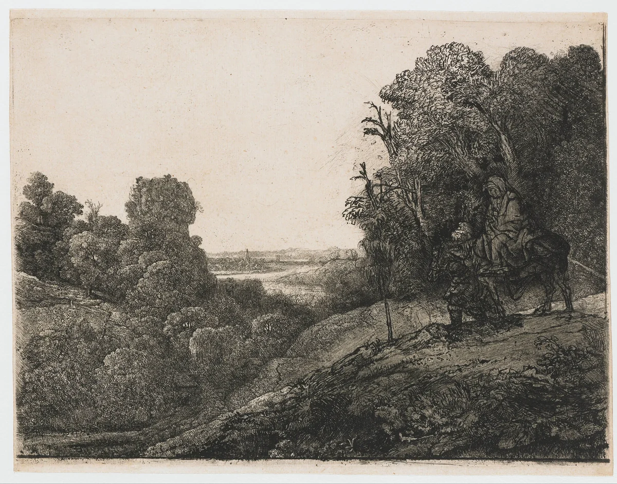 The flight into Egypt: altered plate from Seghers by Rembrandt van Rijn, print, 1653