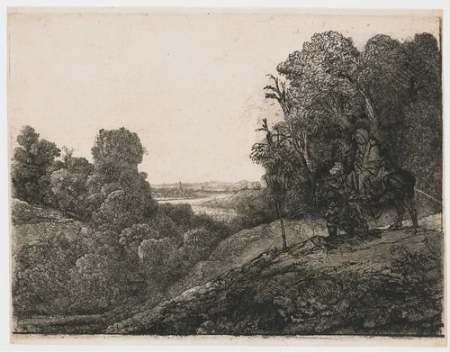 The flight into Egypt: altered plate from Seghers by Rembrandt van Rijn, print, 1653