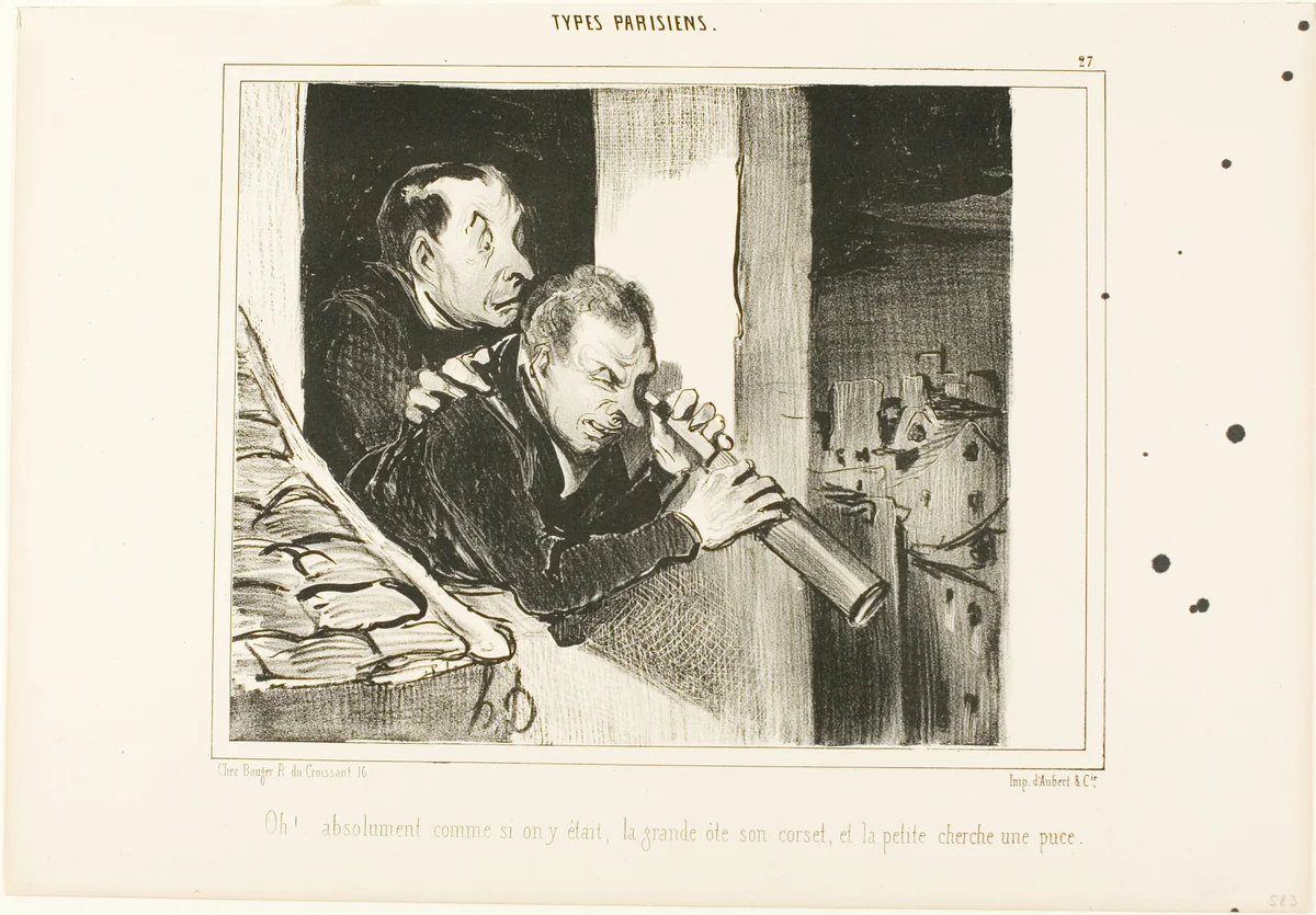 "Oh! It is as if we were there: the tall one opens her corset and the little one is looking for a flea!," plate 27 from Types Parisiens by Honoré-Victorin Daumier, print, 1840