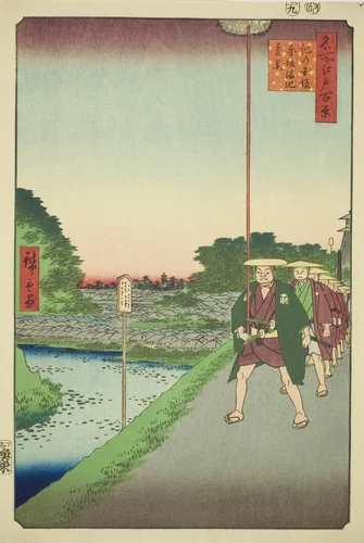 Distant View of Akasaka Reservoir from Kinokuni Slope (Kinokunizaka Akasaka Tameike enkei), from the series "One Hundred Famous Views of Edo (Meisho Edo hyakkei)" by Utagawa Hiroshige (歌川広重), print, 1857