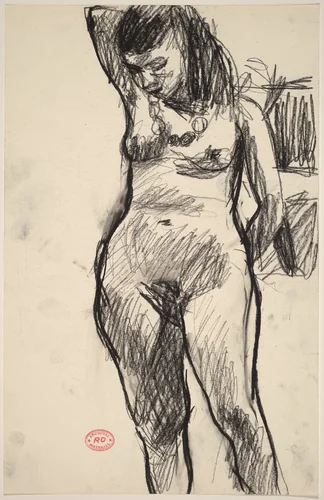 Untitled [standing nude looking down with right arm behind her head] by Richard Diebenkorn, drawing, 1955-1967