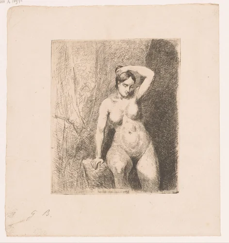 Zittende naakte vrouw die haar knot vasthoudt by Gustave Buschmann, print, 1828-1852