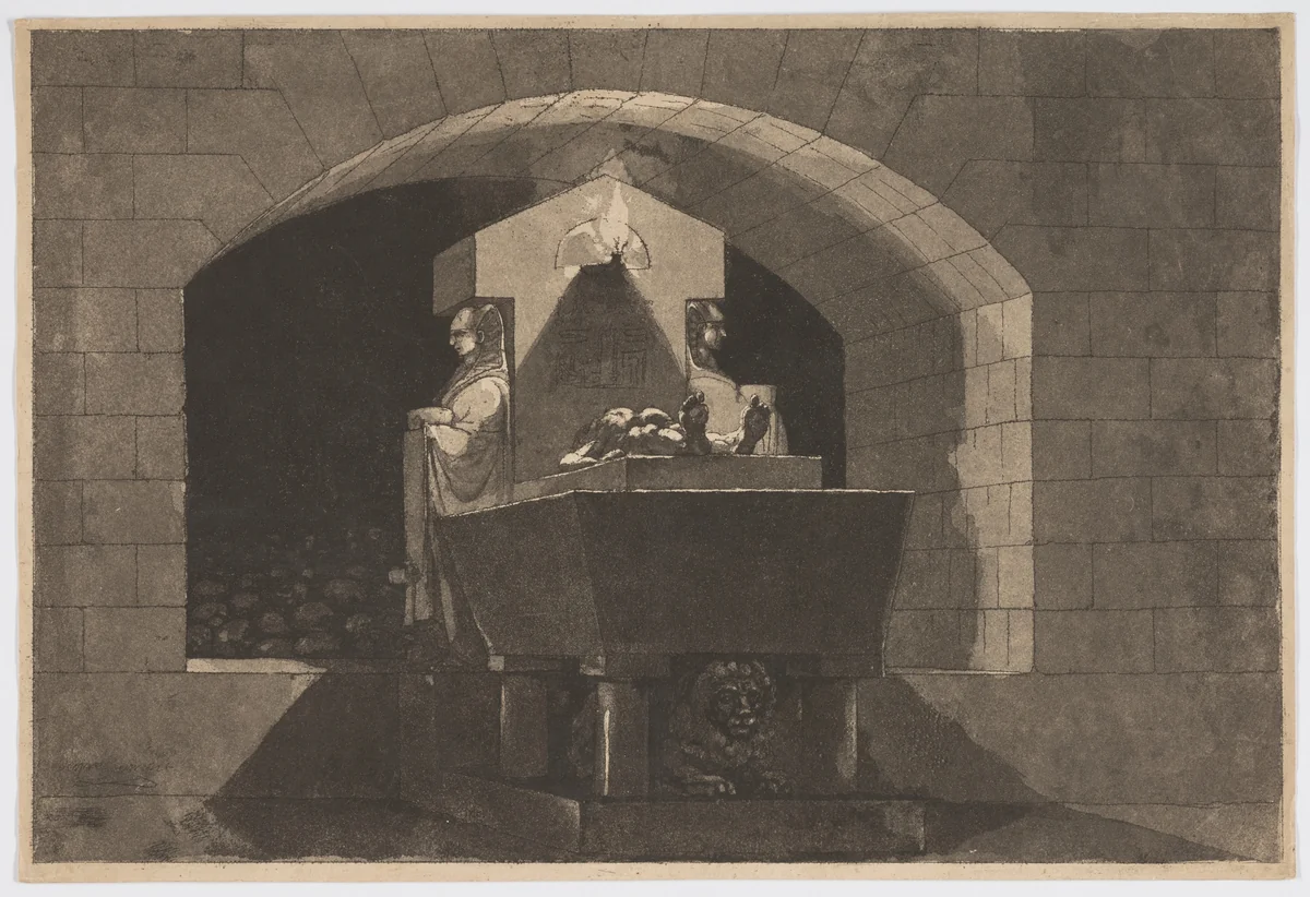 Tomb with Caryatids by Louis Jean Desprez, print, 1779-1784