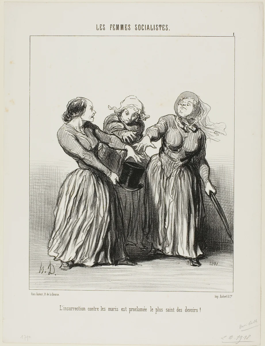 Insurrection against husbands is proclaimed as being the first and holiest duty in life!, plate 1 from Les Femmes Socialistes by Honoré-Victorin Daumier, print, 1849