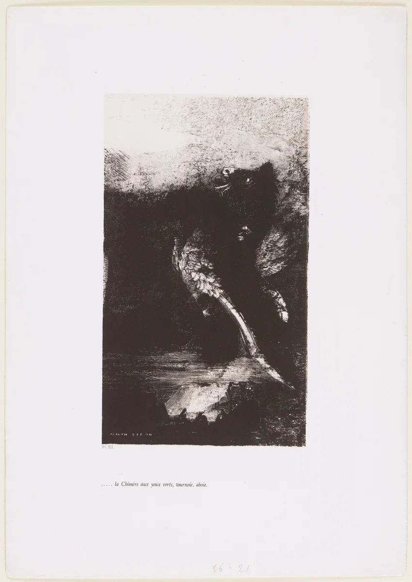 . . . The Chimera with Green Eyes Turns, Bays (. . . La Chimère aux yeux verts tournoie, aboie) from The Temptation of Saint Anthony (La Tentation de Saint-Antoine) by Odilon Redon, print, 1888