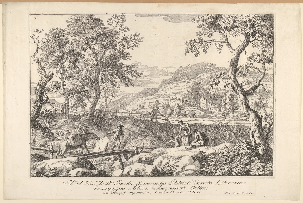 Plate 4: Landscape with man leading a pack horse across a wooden bridge, three figures in right foreground, the silhouette of a man standing at a fence beyond, from "Landscapes" by Marco Ricci, print, 1723-1730