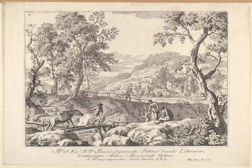 Plate 4: Landscape with man leading a pack horse across a wooden bridge, three figures in right foreground, the silhouette of a man standing at a fence beyond, from "Landscapes" by Marco Ricci, print, 1723-1730
