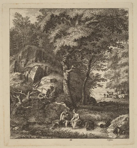 A Shepherd and a Young Woman With Their Feet in a Brook by Salomon Gessner, print, 1764