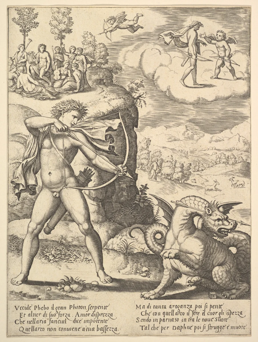 Apollo standing at left shooting a python with an arrow, above to the left are the muses and at right on a cloud Cupid approaching Apollo, from the "Story of Apollo and Daphne" by Master of the Die, print, 1530-1560