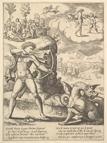 Apollo standing at left shooting a python with an arrow, above to the left are the muses and at right on a cloud Cupid approaching Apollo, from the "Story of Apollo and Daphne" by Master of the Die, print, 1530-1560