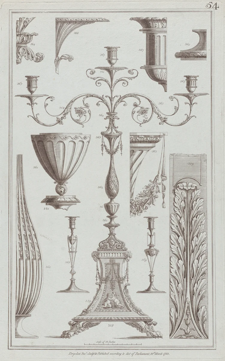 Candelabra, Vessels and Ornament, nos. 358–369, plate 54 from "Designs for Various Ornaments" by Michelangelo Pergolesi, print, 1785