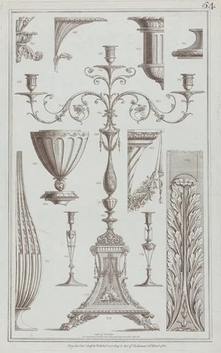 Candelabra, Vessels and Ornament, nos. 358–369, plate 54 from "Designs for Various Ornaments" by Michelangelo Pergolesi, print, 1785