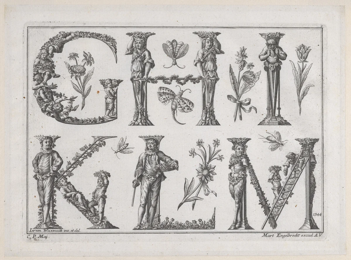 Decorated Roman alphabet by Jeremias Wachsmuth, print, 1700-1799