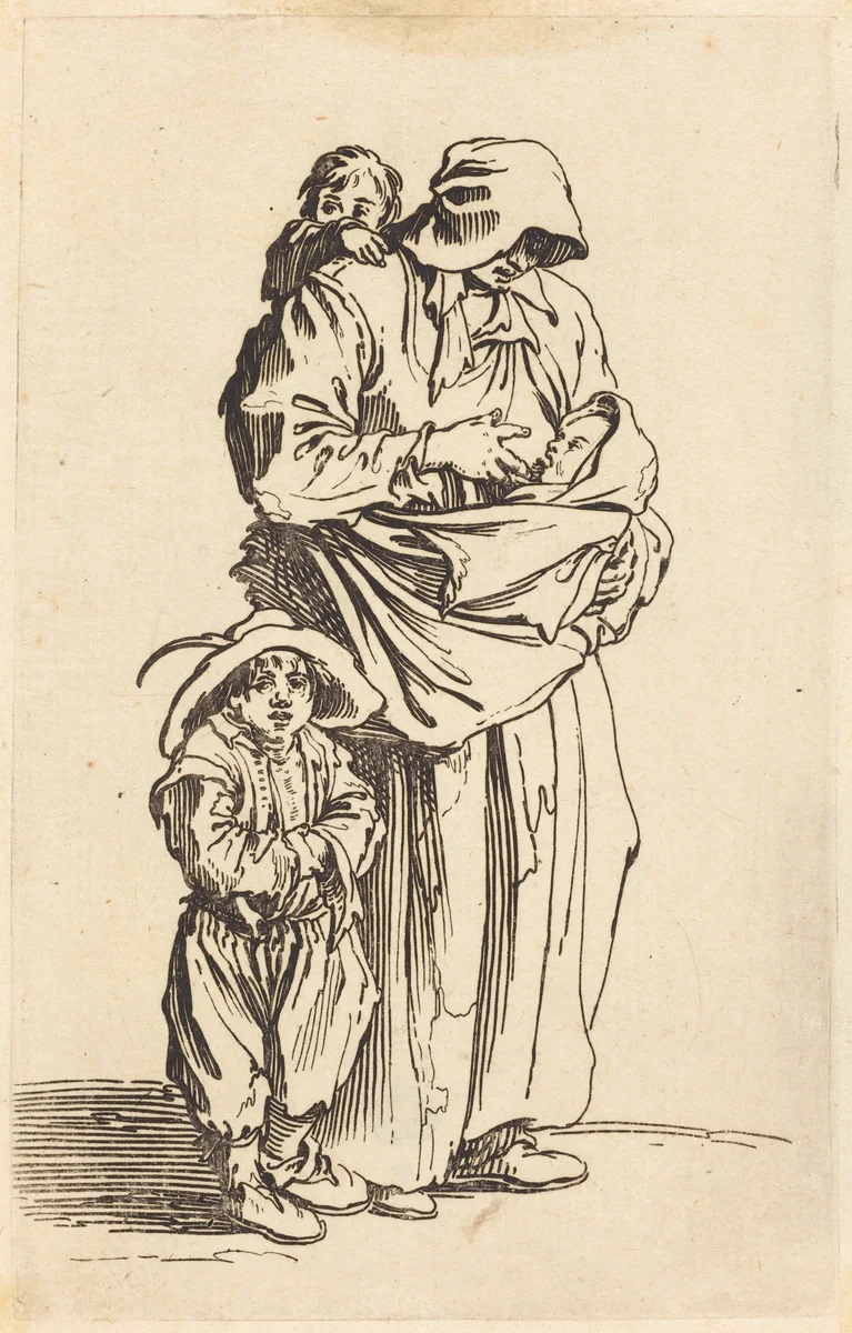 Mother and Three Children by Jacques Callot, print, 1622