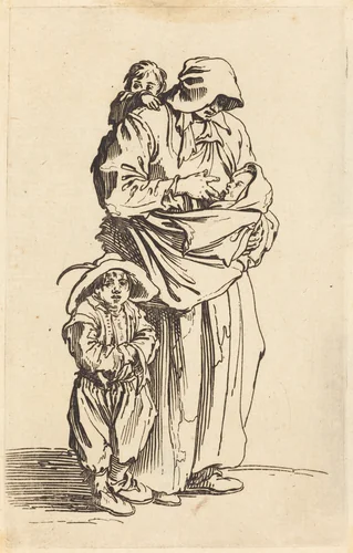 Mother and Three Children by Jacques Callot, print, 1622