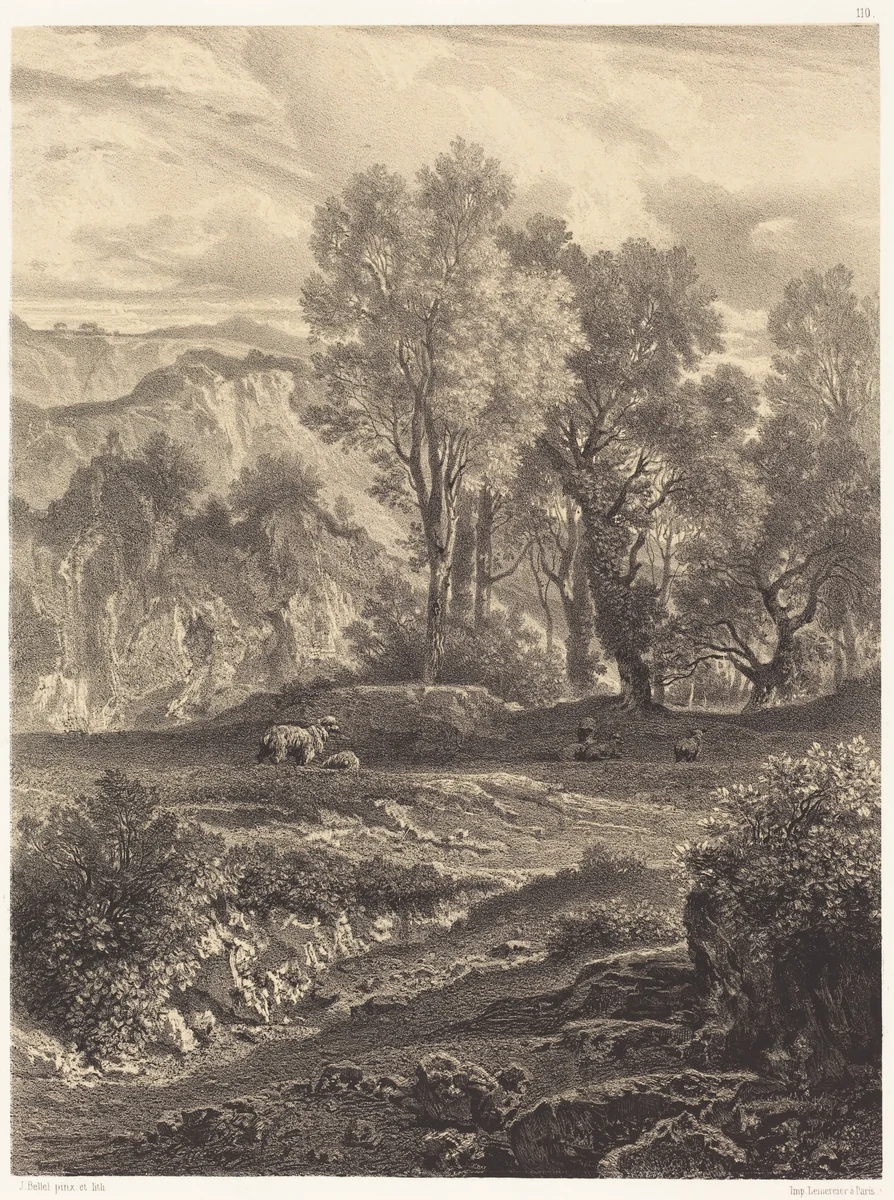 Landscape with Sheep by Jean-Joseph-François Bellel, print, 1816-1898