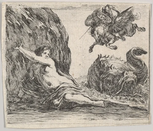 Perseus and Andromeda, from "Game of Mythology" (Jeu de la Mythologie) by Stefano della Bella, print, 1644