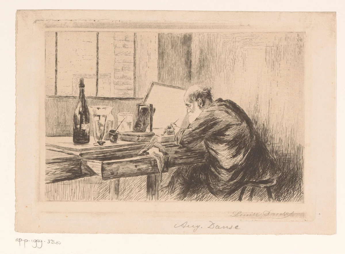 Auguste Danse aan het etsen by Louise Danse, print, 1877-1909