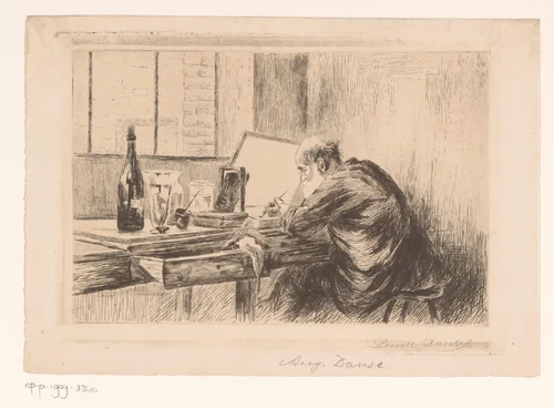 Auguste Danse aan het etsen by Louise Danse, print, 1877-1909