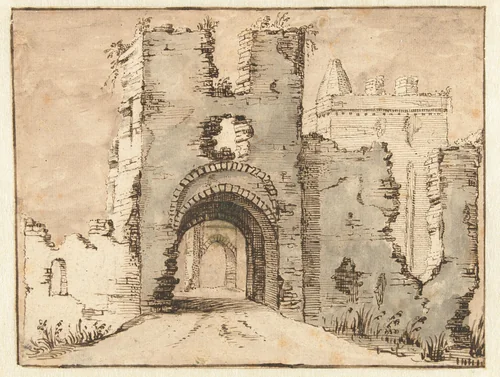 Ruïne van Brederode, uit het zuidoosten by Guilliam van Nieulandt, drawing, 1604-1635