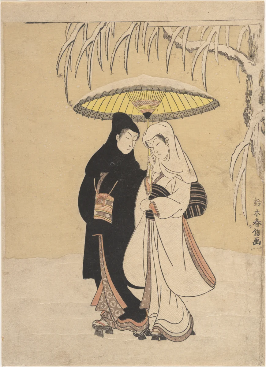 Lovers Walking in the Snow (Crow and Heron) by Suzuki Harunobu (鈴木春信), print, 1764-1772
