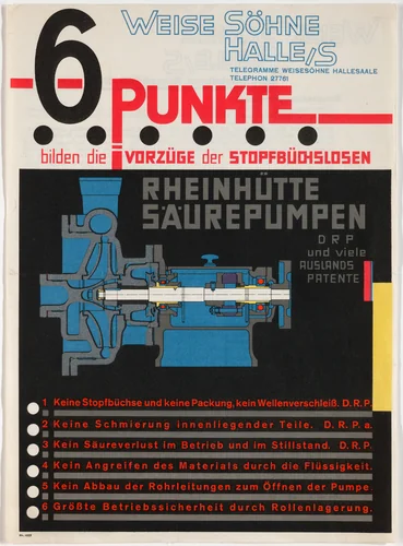 6 Punktebilden die Vorzüge der Stopfbüchslosen Rheinhütte Säurepumpen, Weise Söhne, Halle/Saale by Kurt Schwitters, design, 1927