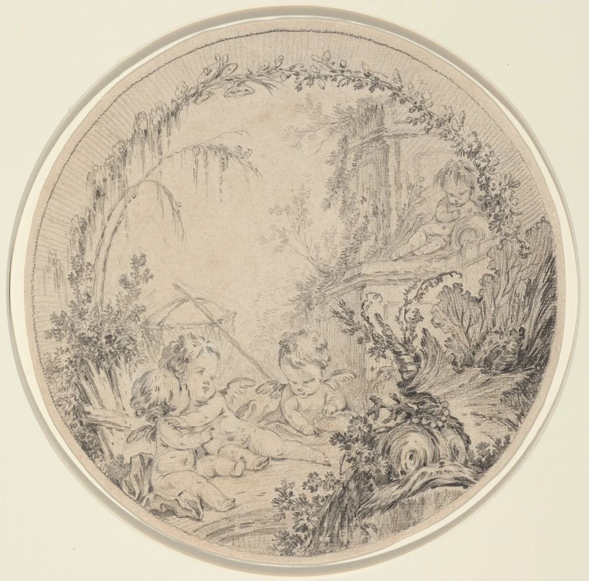 Three Putti with a Fishing Net by Charles Eisen, drawing, 1720-1778