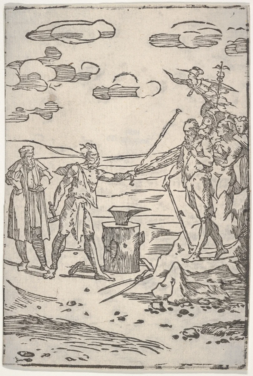 The forger standing by an anvil pulling a man in chains, from "The various operations of alchemy" by Domenico Beccafumi, print, 1535-1545