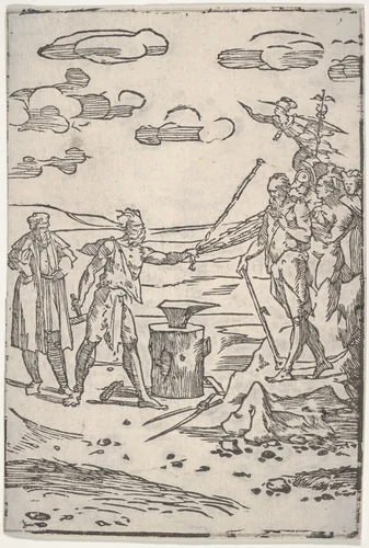 The forger standing by an anvil pulling a man in chains, from "The various operations of alchemy" by Domenico Beccafumi, print, 1535-1545