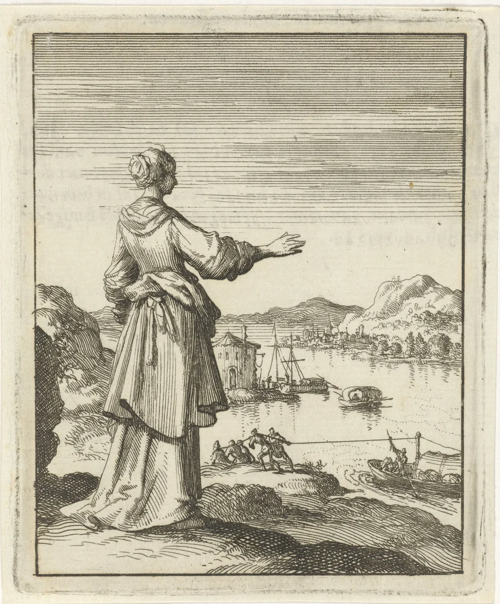 Vrouw uitkijkend over een baai waar een boot door een groep mannen wordt voortgetrokken by Jan Luyken, print, 1687