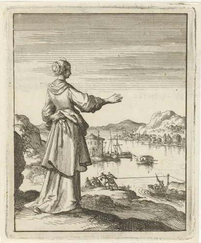 Vrouw uitkijkend over een baai waar een boot door een groep mannen wordt voortgetrokken by Jan Luyken, print, 1687