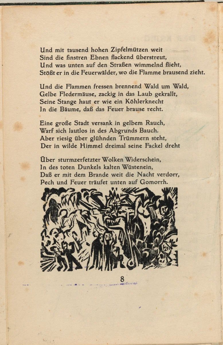 Der Krieg (The War) (in-text plate) from mock-up of Georg Heym: Umbra Vitae (Georg Heym: Shadow of Life) by Ernst Ludwig Kirchner, volume, 1912-1922