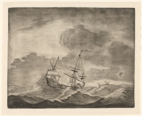 Zeegezicht met twee schepen in een storm by Jacob Hoolaart, print, 1723-1789