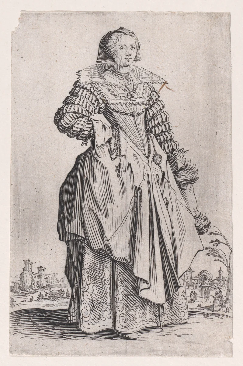 La Dame a la Grande Collerette et a la Coiffe Retombant en Arrière (The Lady with the Large Collar and a Headdress that Falls to the Back), from "La Noblesse" (The Nobility) by Jacques Callot, print, 1618-1628