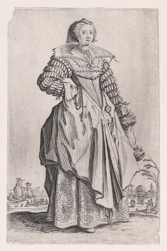 La Dame a la Grande Collerette et a la Coiffe Retombant en Arrière (The Lady with the Large Collar and a Headdress that Falls to the Back), from "La Noblesse" (The Nobility) by Jacques Callot, print, 1618-1628