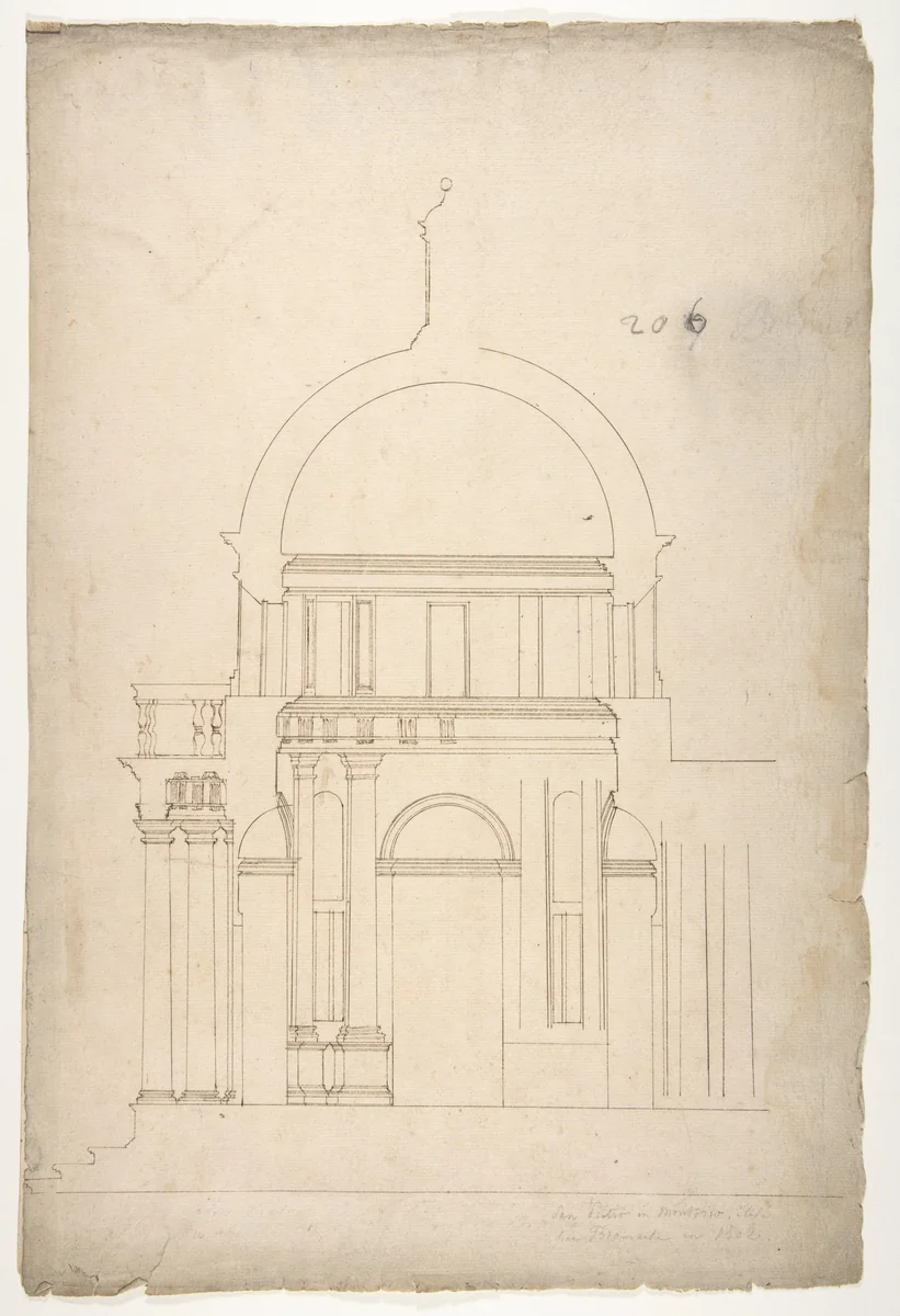 S. Pietro in Montorio, Tempietto, section (recto) blank (verso) by anonymous, drawing, 1500-1560
